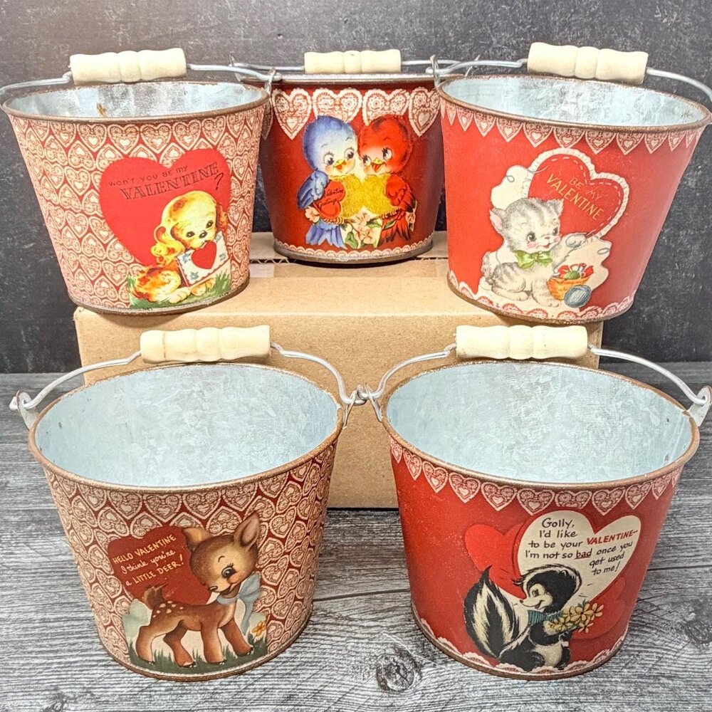Vintage Style Valentine Cards‎ Animals Metal Decorative Buckets Set of 5